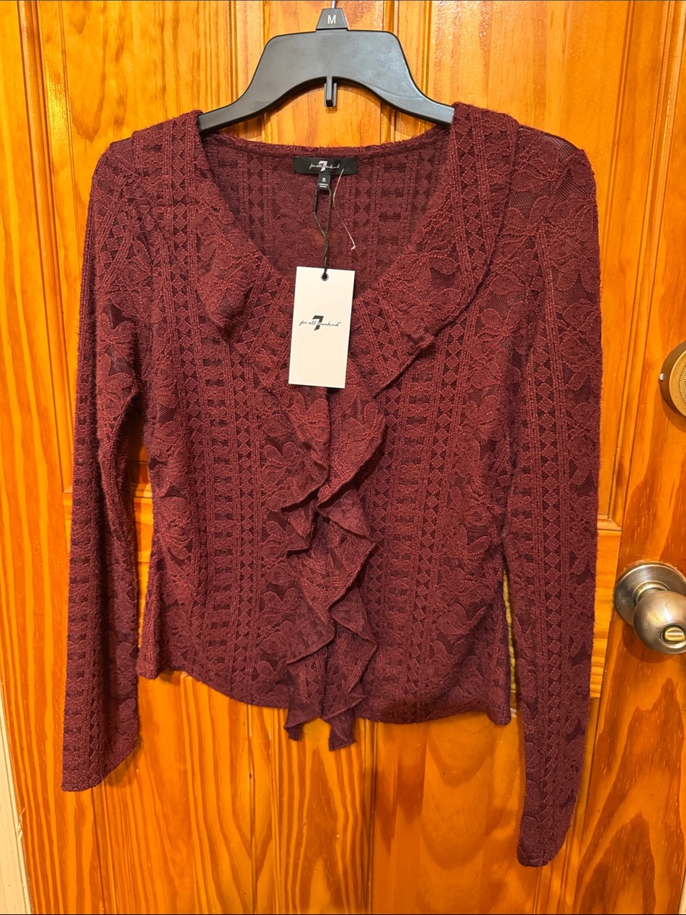 Ruffle-Front Lace Knit Long Sleeve Top in Burgundy